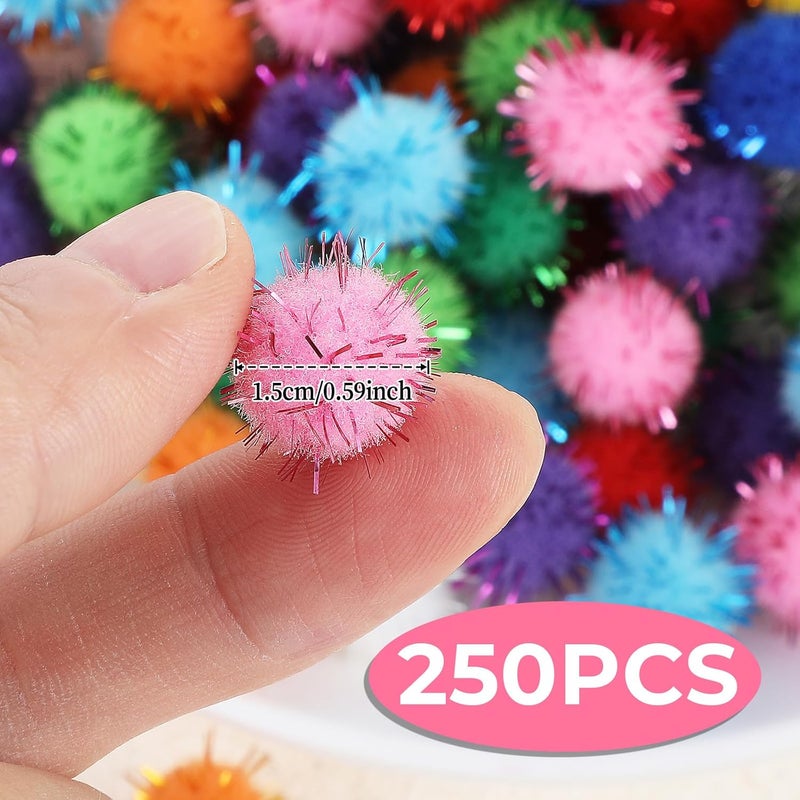 Tyqour 250 Pcs Mini Pompoms for Crafts Small Pom Pom Balls Craft Bulk Glitter Fuzzy Pompom Puff Balls for DIY Arts, Crafts Projects, Home Decorations, Summer Holiday Party, Fuzzy Ball to Glue on - Image 2